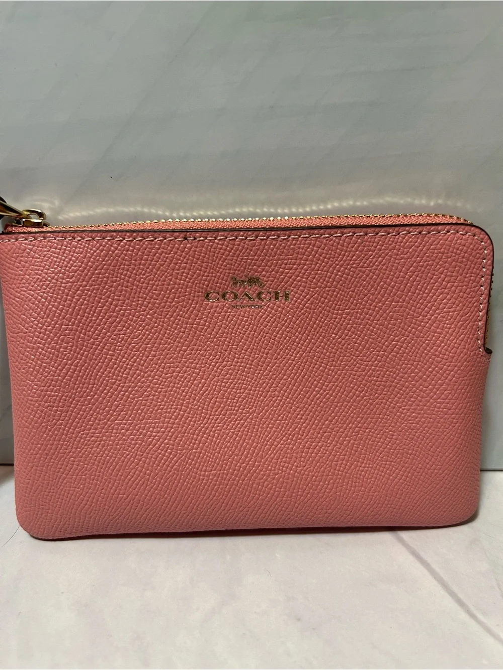 COACH Pink Pebbled Leather Wristlet Pouch with Gold Logo - Picture 2 of 5